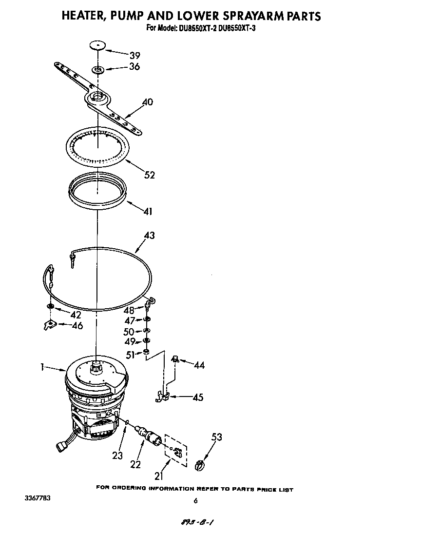 Whirlpool DU8550XT2 heater, pump and lower spray arm diagram