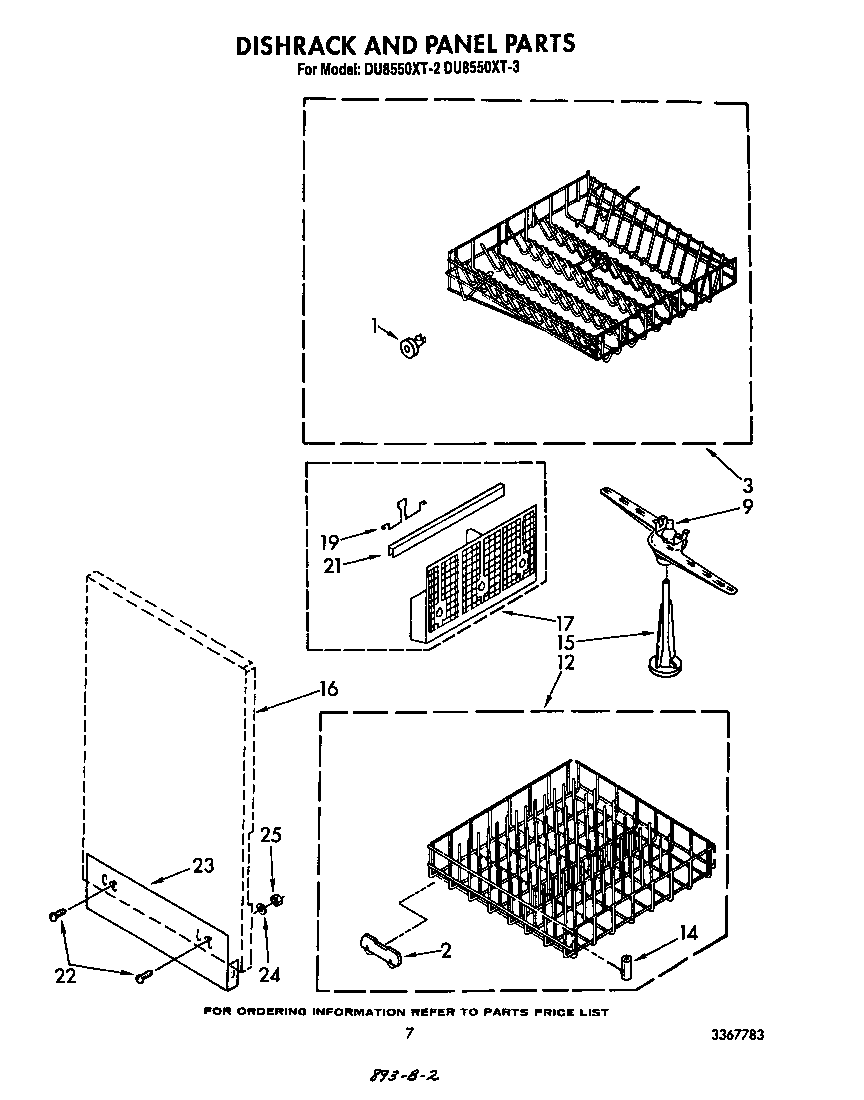 Whirlpool DU8550XT2 dishrack and panel diagram