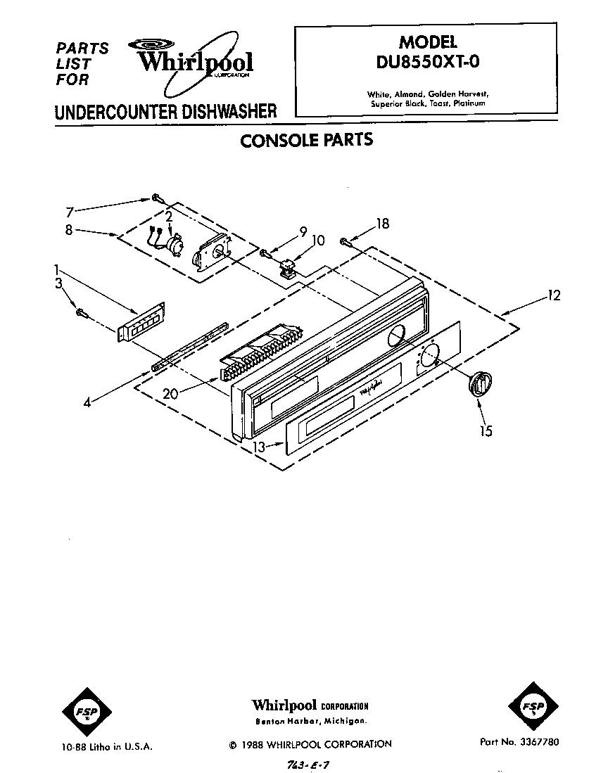 Whirlpool DU8550XT0 console diagram