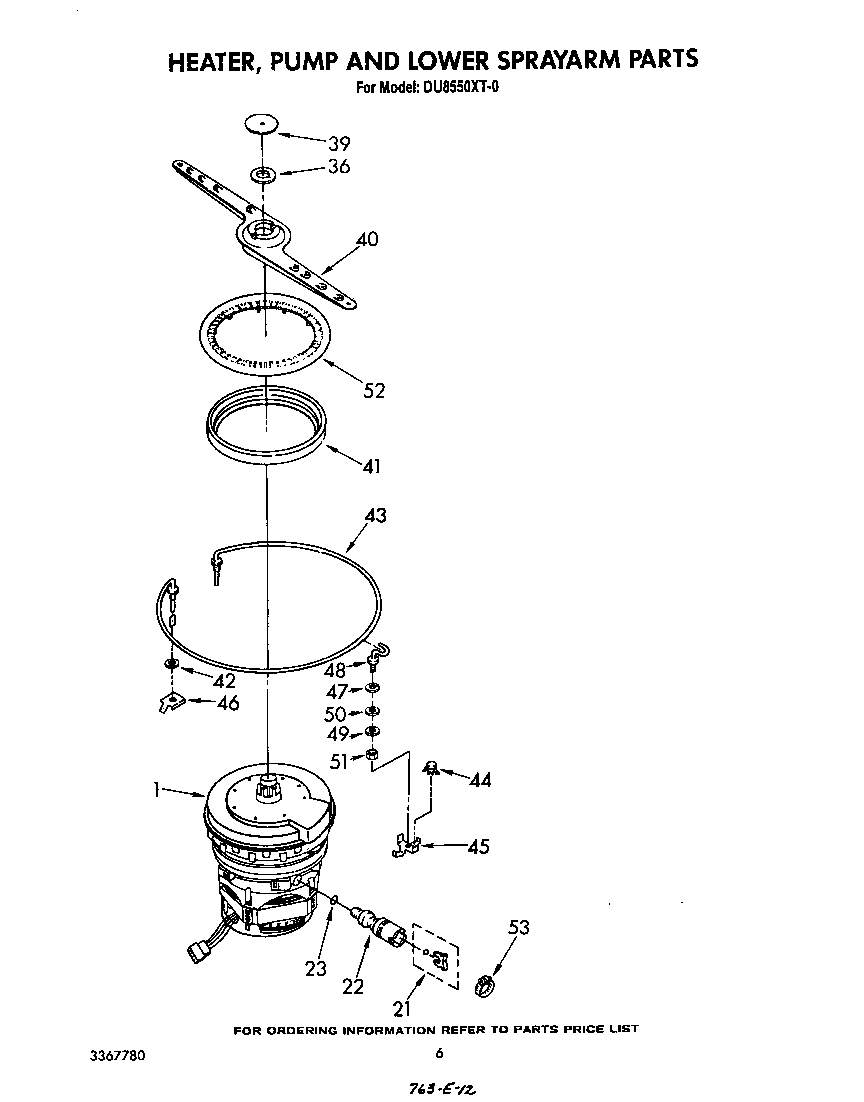 Whirlpool DU8550XT0 heater, pump, and lower spray arm diagram