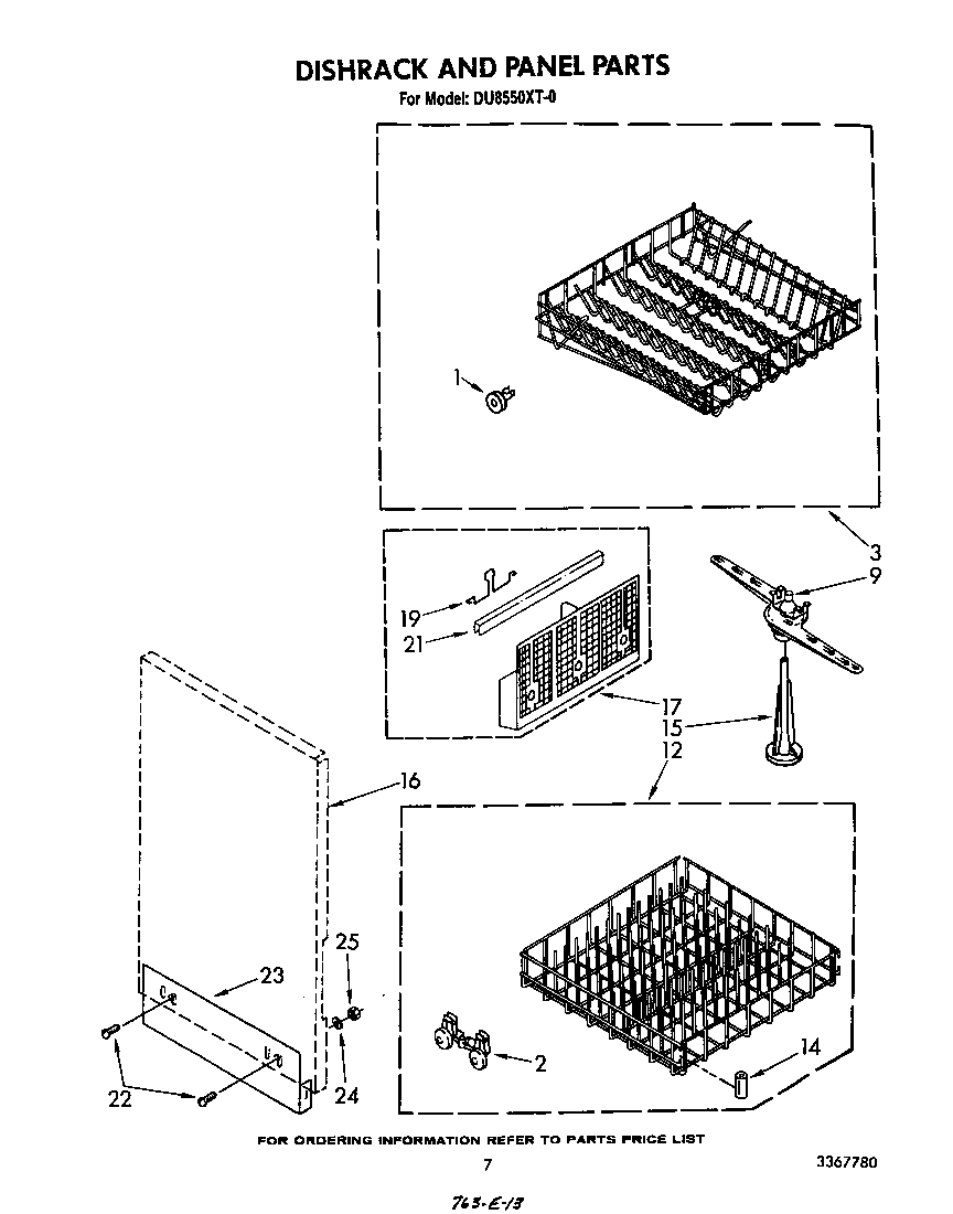 Whirlpool DU8550XT0 dishrack and panel diagram