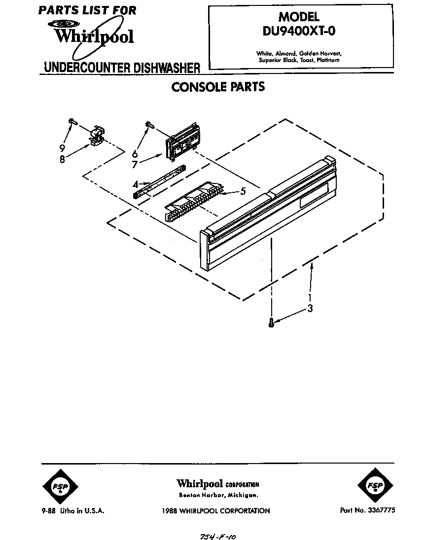 Whirlpool DU9400XT0 console diagram