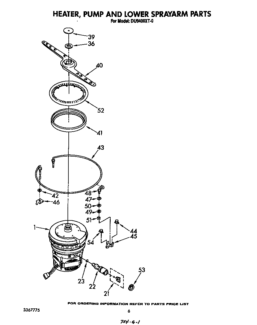 Whirlpool DU9400XT0 heater, pump and lower spray arm diagram