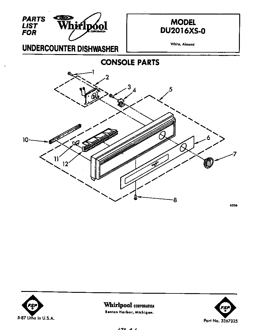 Whirlpool DU2016XS0 console diagram