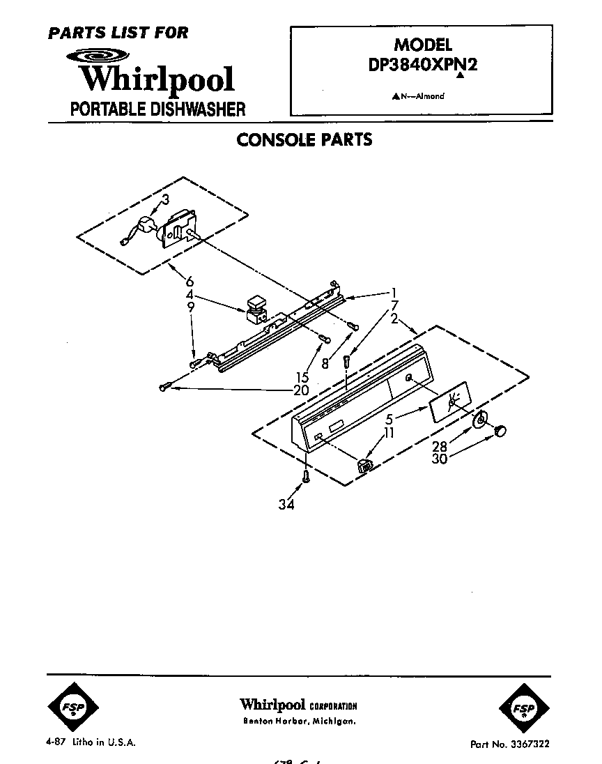 Whirlpool DP3840XPN2 console diagram