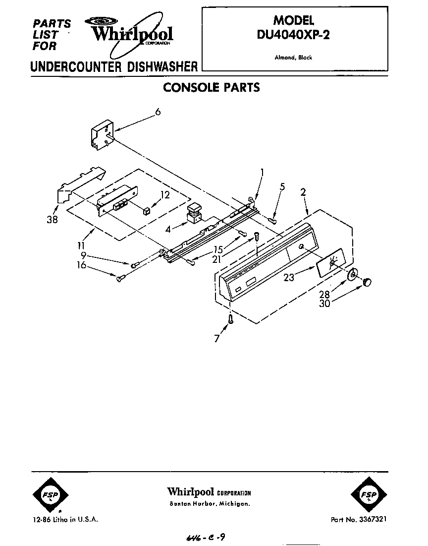 Whirlpool DU4040XP2 console diagram