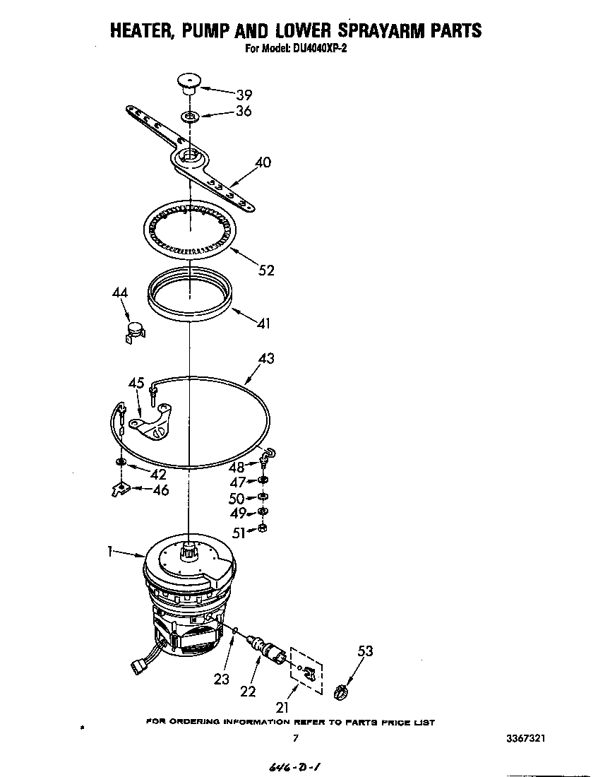 Whirlpool DU4040XP2 heater, pump and lower sprayarm diagram