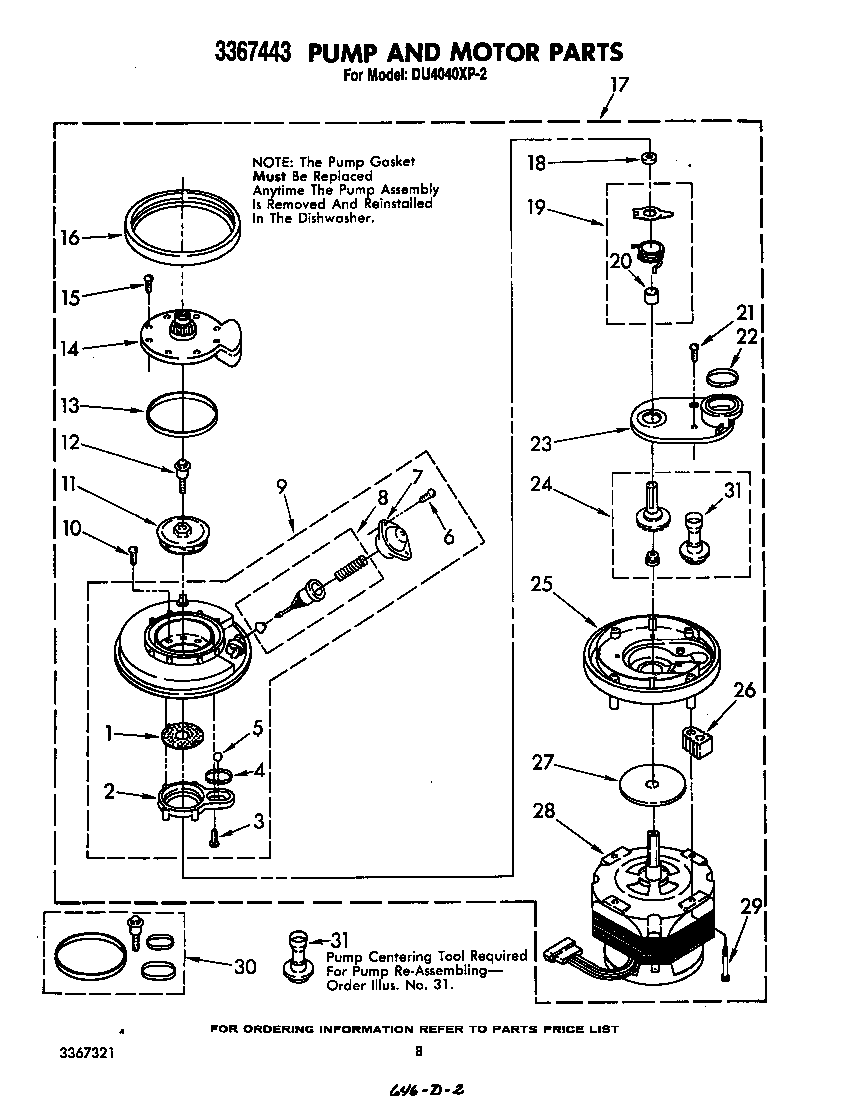 Whirlpool DU4040XP2 3367443 pump and motor diagram