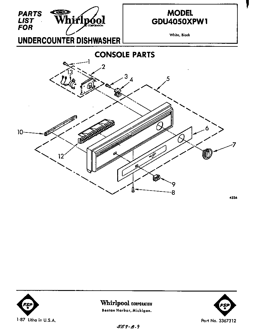 Whirlpool GDU4050XPW1 console diagram