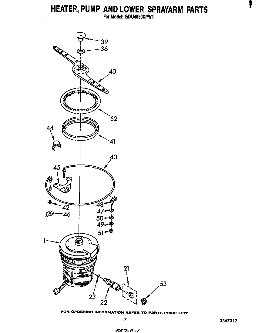 Whirlpool GDU4050XPW1 heater, pump and lower sprayarm diagram