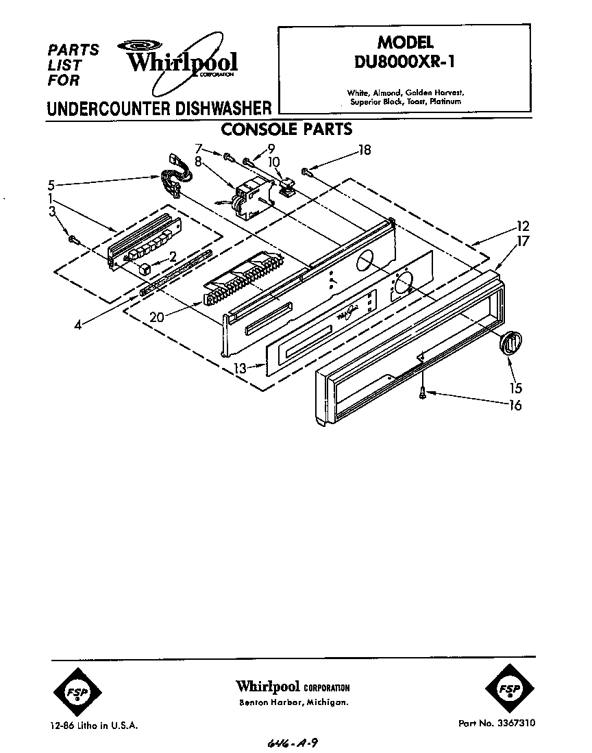 Whirlpool DU8000XR1 console diagram
