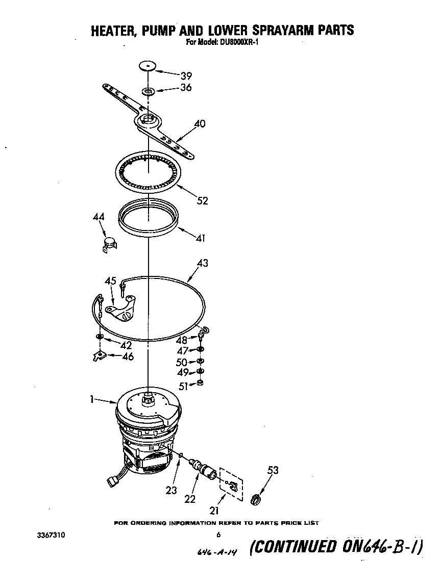 Whirlpool DU8000XR1 heater, pump and lower spray arm diagram