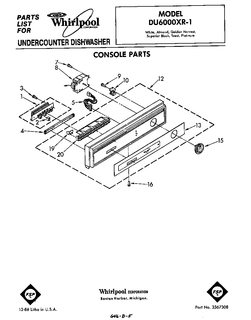 Whirlpool DU6000XR1 console diagram
