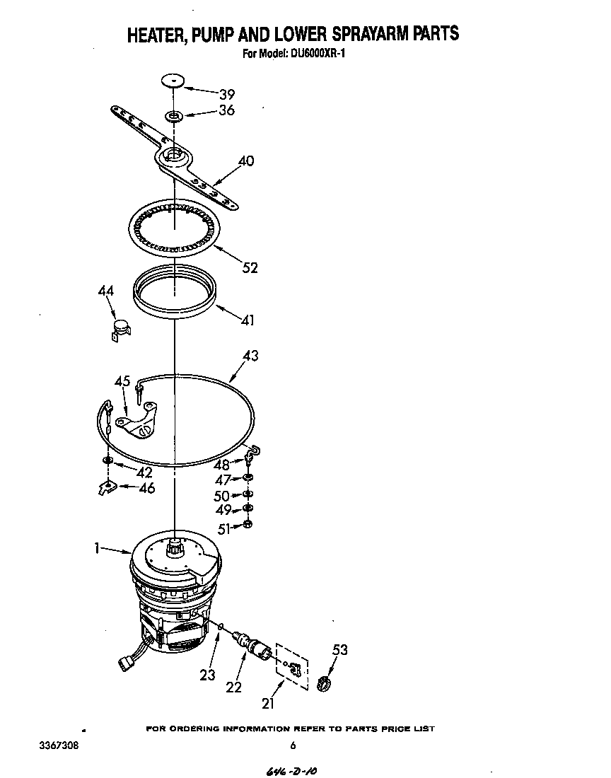 Whirlpool DU6000XR1 heater, pump and lower sprayarm diagram