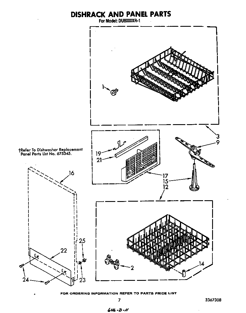 Whirlpool DU6000XR1 dishrack and panel diagram