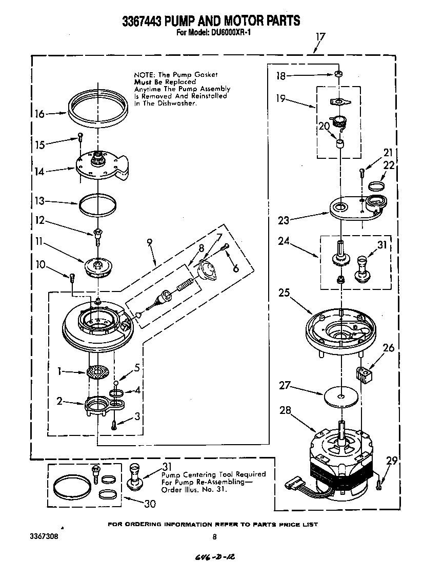 Whirlpool DU6000XR1 3367443 pump and motor diagram