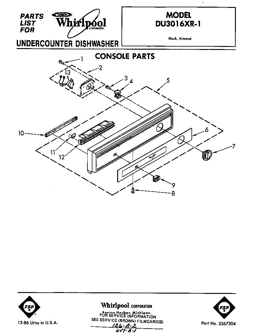Whirlpool DU3016XR1 console diagram