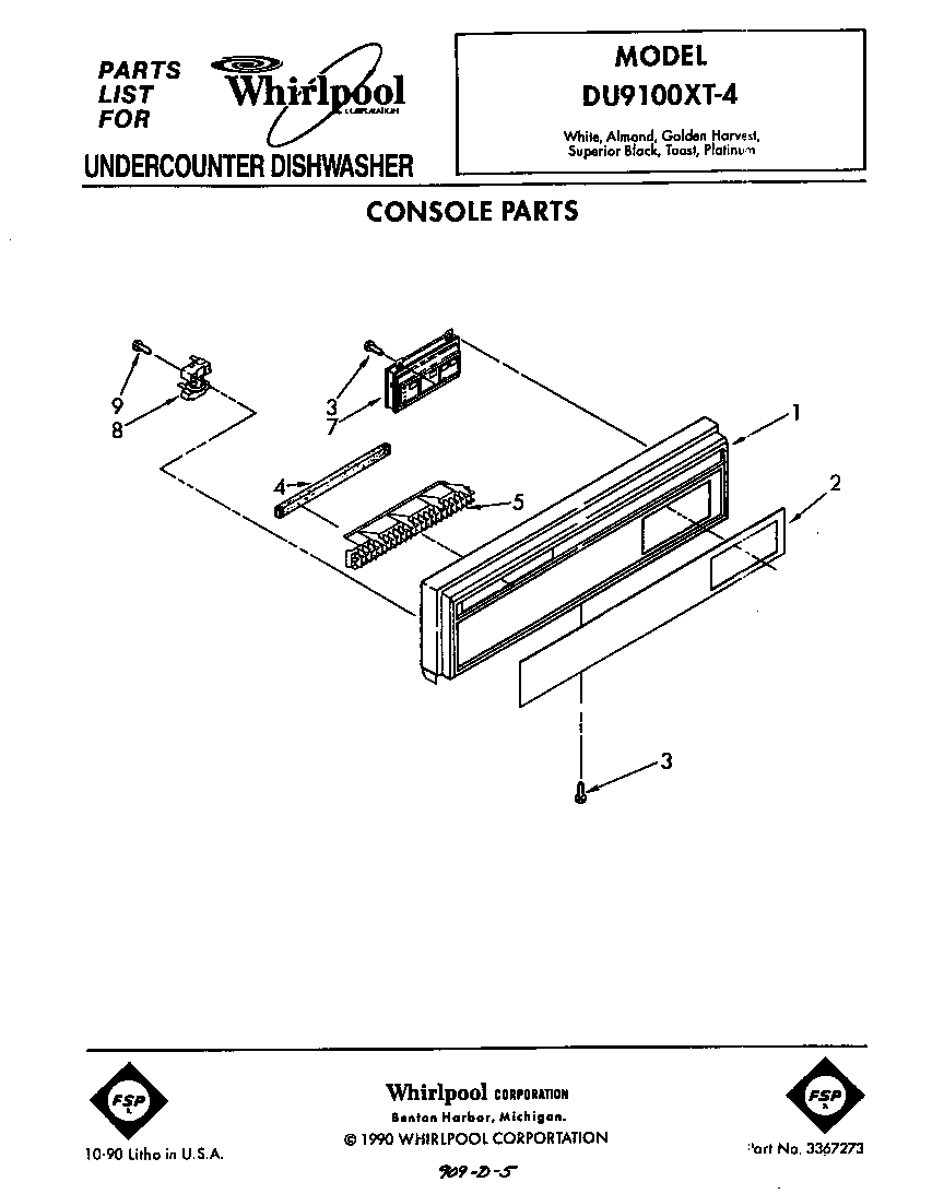 Whirlpool DU9100XT4 console diagram