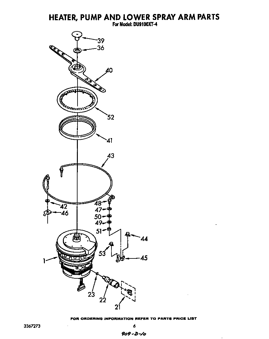 Whirlpool DU9100XT4 heater, pump and lower spray arm diagram