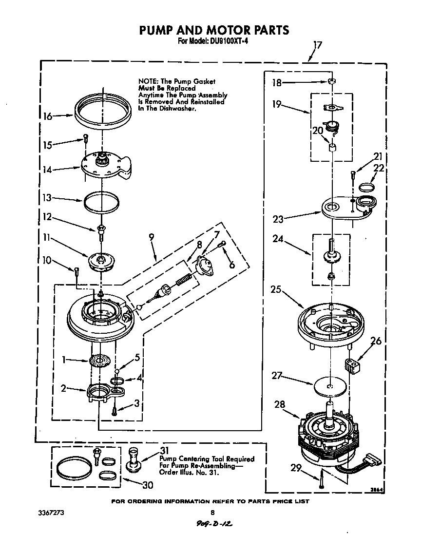 Whirlpool DU9100XT4 pump and motor diagram