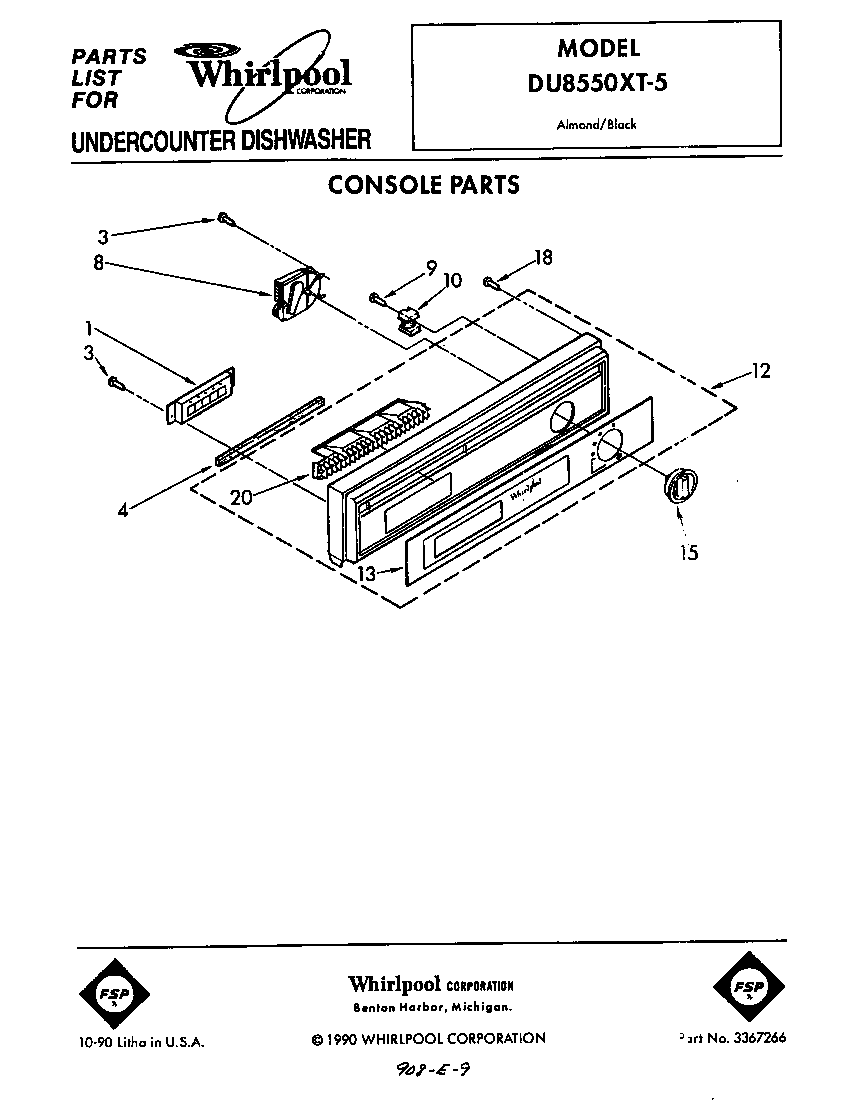 Whirlpool DU8550XT5 console diagram