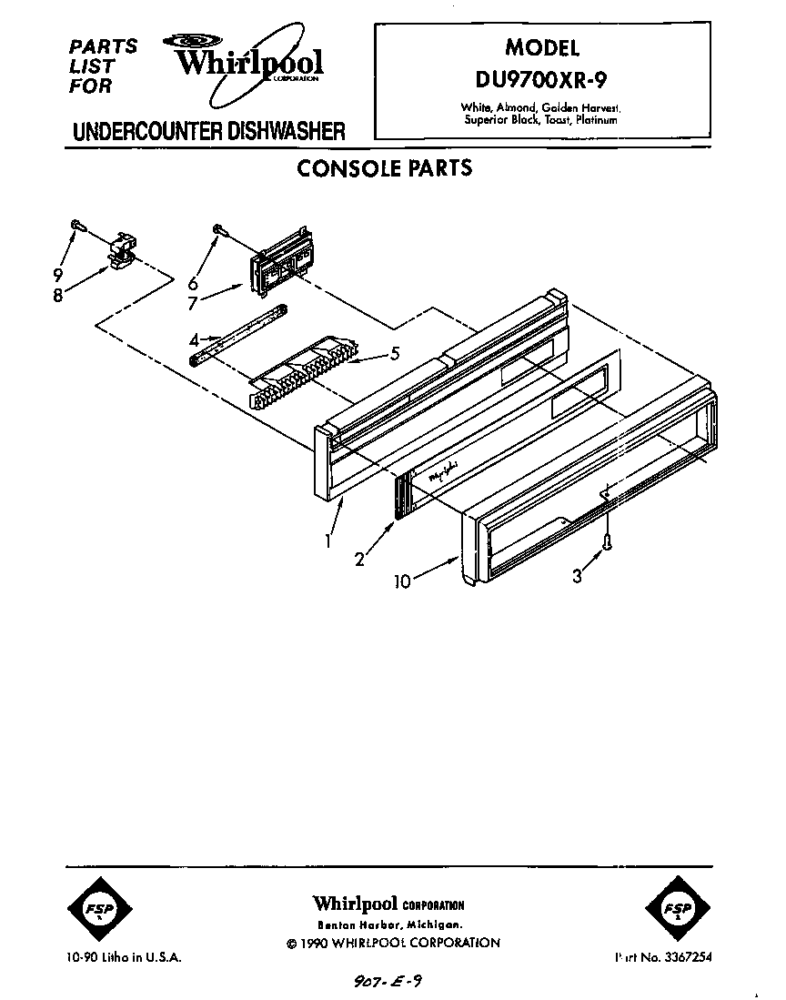 Whirlpool DU9700XR9 console diagram