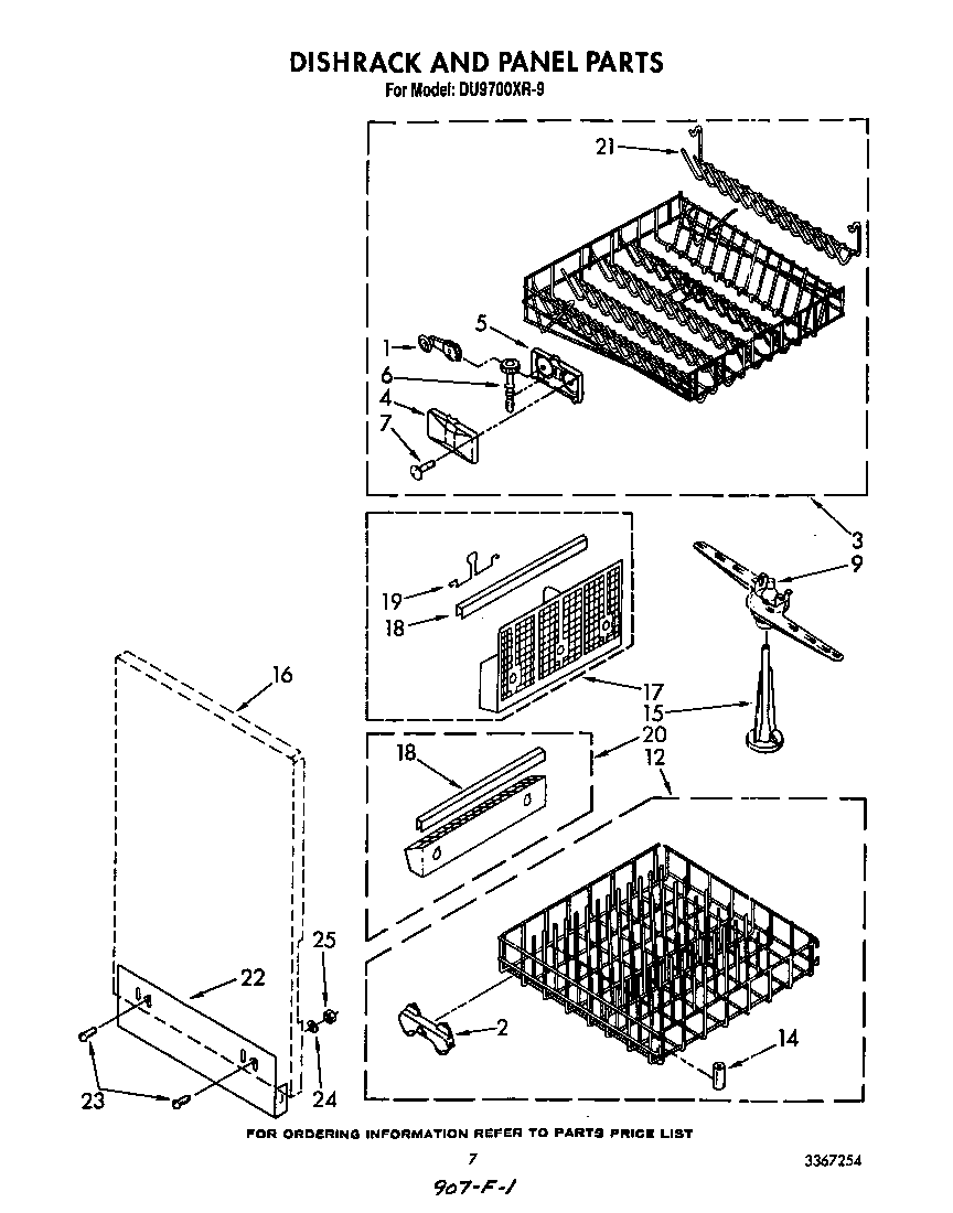 Whirlpool DU9700XR9 dish rack and panel diagram