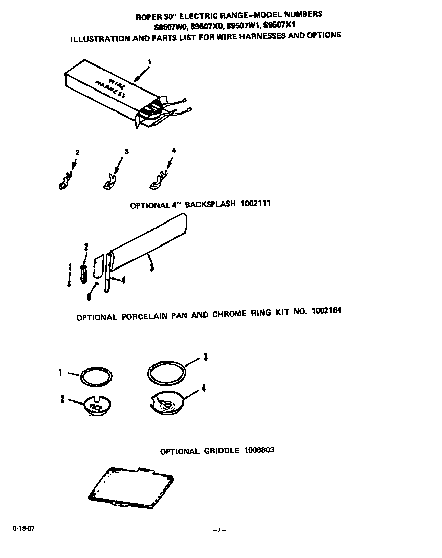 Roper S9507*1 wire harness and options diagram