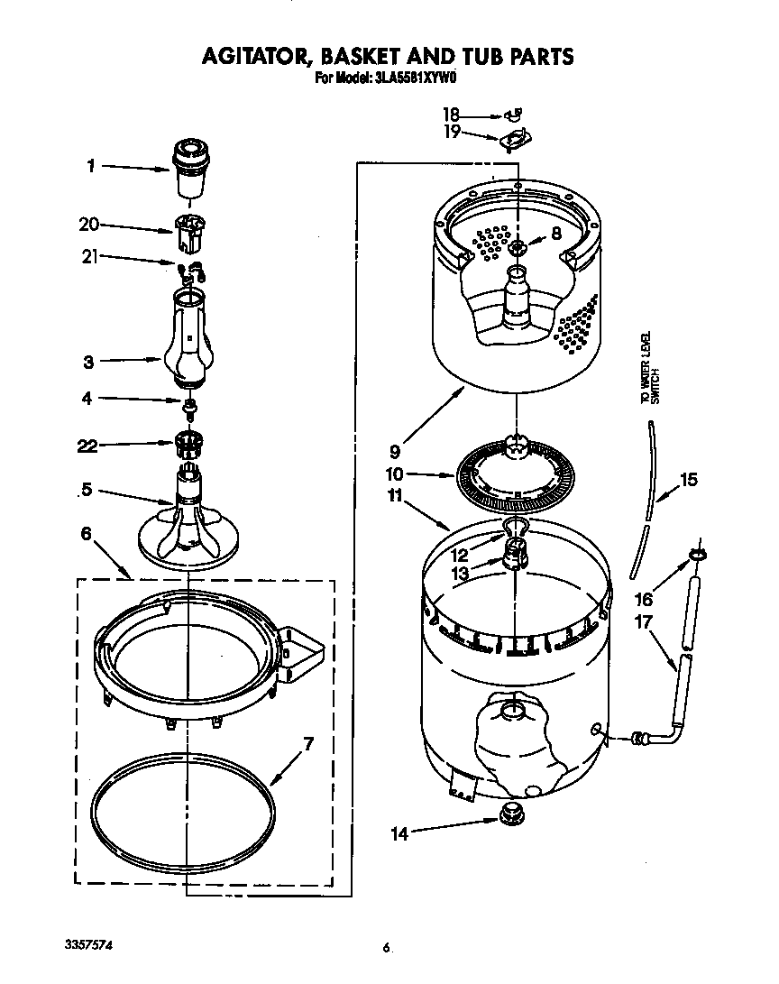 Whirlpool 3LA5581XYW0 agitator, basket and tub diagram