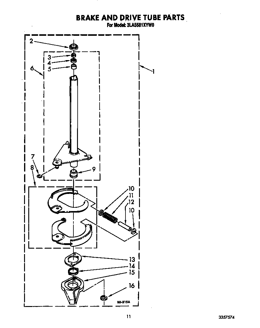 Whirlpool 3LA5581XYW0 brake and drive tube diagram