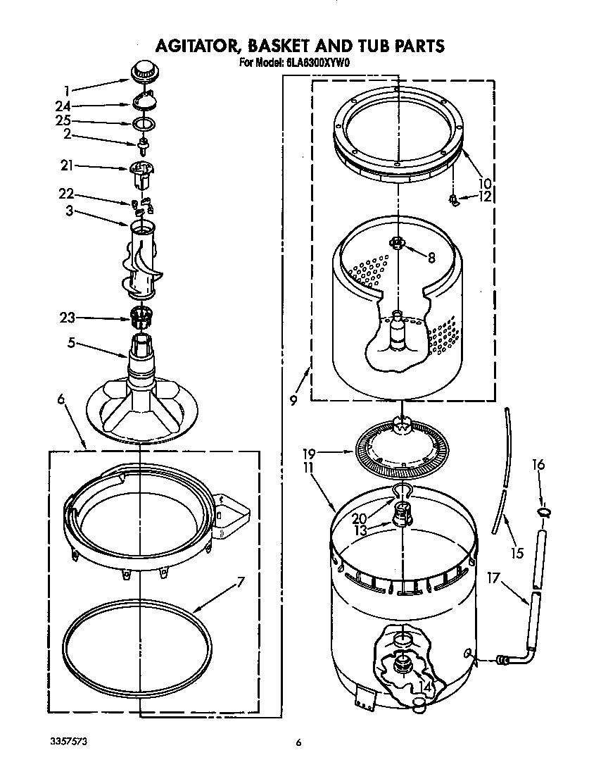 Whirlpool 6LA6300XYW0 agitator, basket and tub diagram