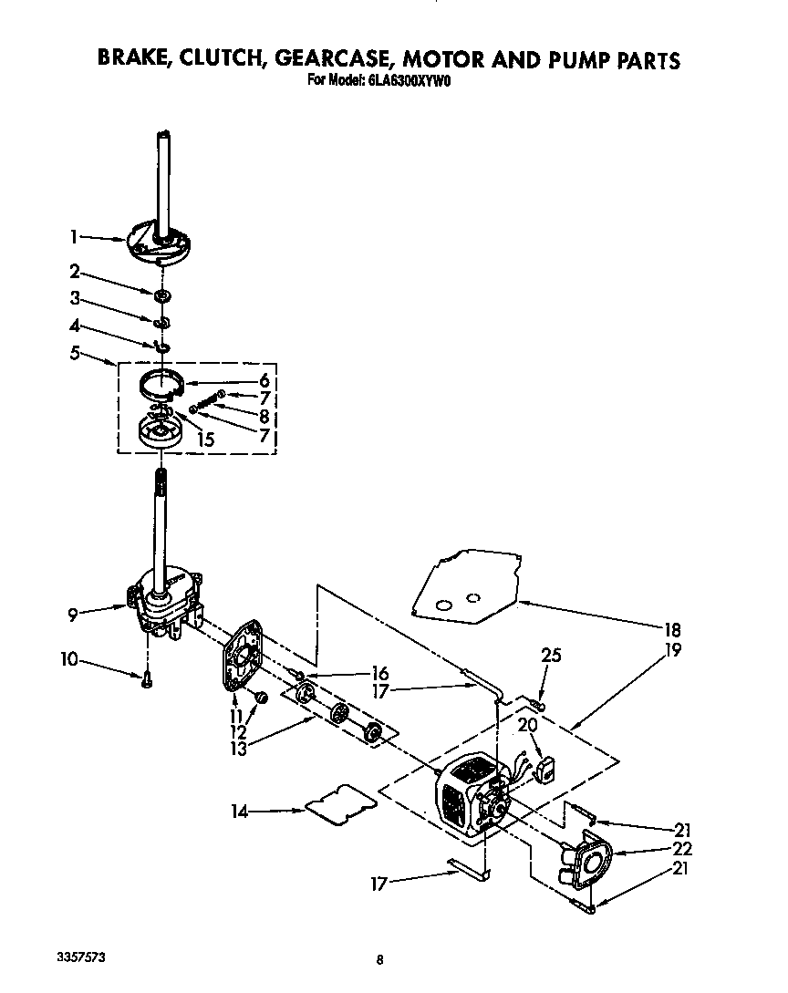 Whirlpool 6LA6300XYW0 brake, clutch, gearcase, motor and pump diagram