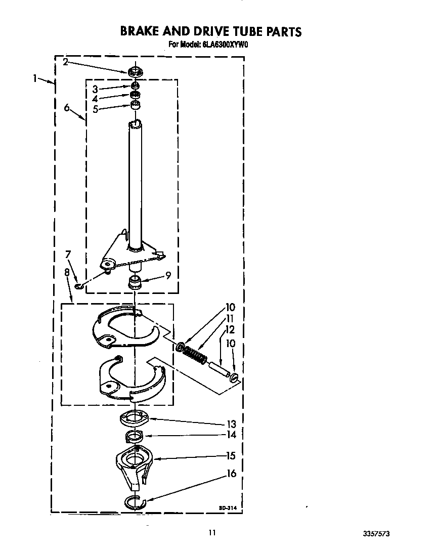 Whirlpool 6LA6300XYW0 brake and drive tube diagram