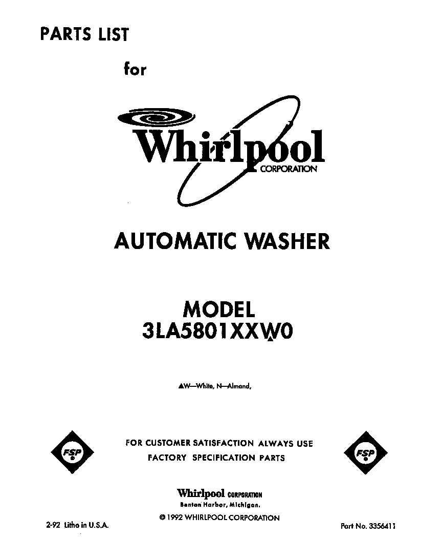 Whirlpool 3LA5801XXW0 front cover diagram