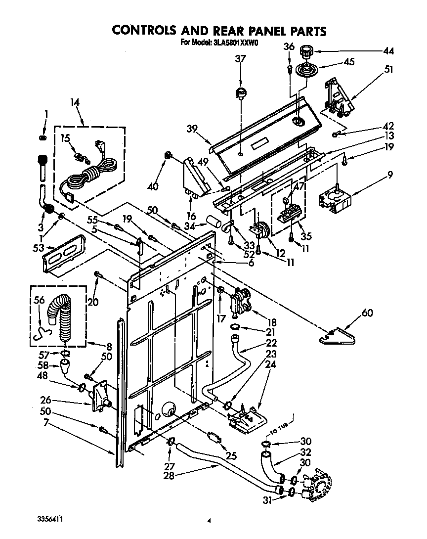 Whirlpool 3LA5801XXW0 controls and rear panel diagram