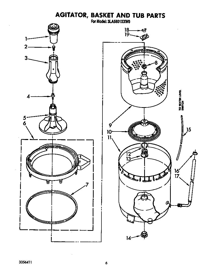 Whirlpool 3LA5801XXW0 agitator, basket and tub diagram