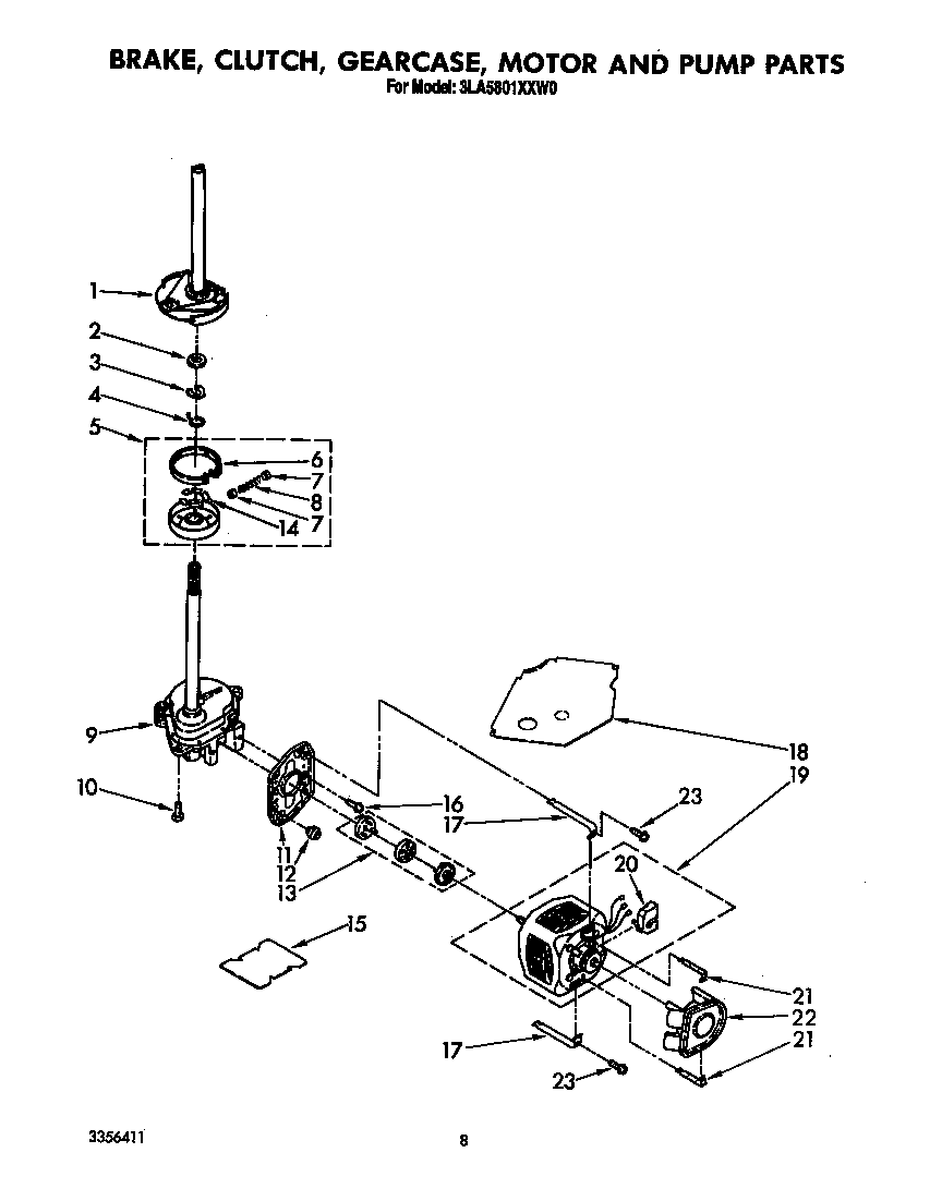 Whirlpool 3LA5801XXW0 brake, clutch, gearcase, motor and pump diagram
