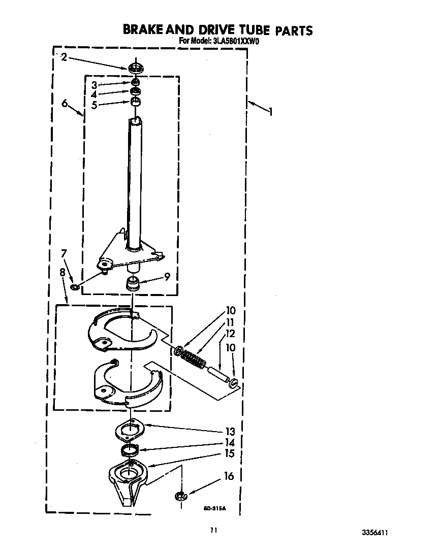 Whirlpool 3LA5801XXW0 brake and drive tube diagram