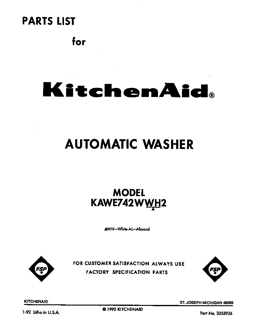 KitchenAid KAWE742WWH2 front cover diagram