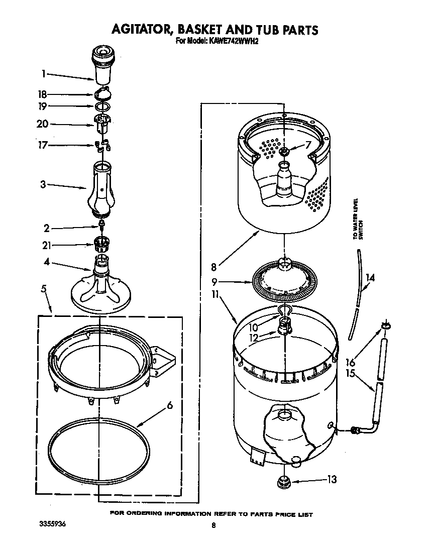 KitchenAid KAWE742WWH2 agitator, basket and tub diagram