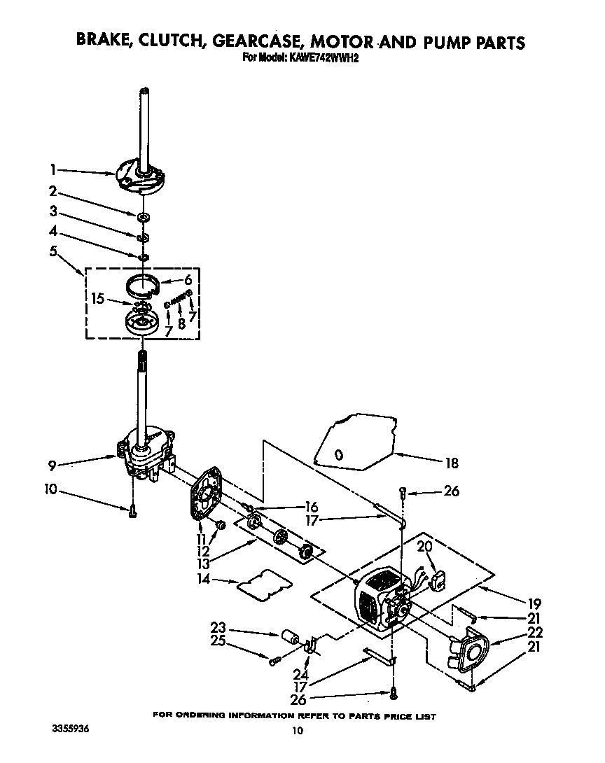 KitchenAid KAWE742WWH2 brake, clutch, gearcase, motor and pump diagram