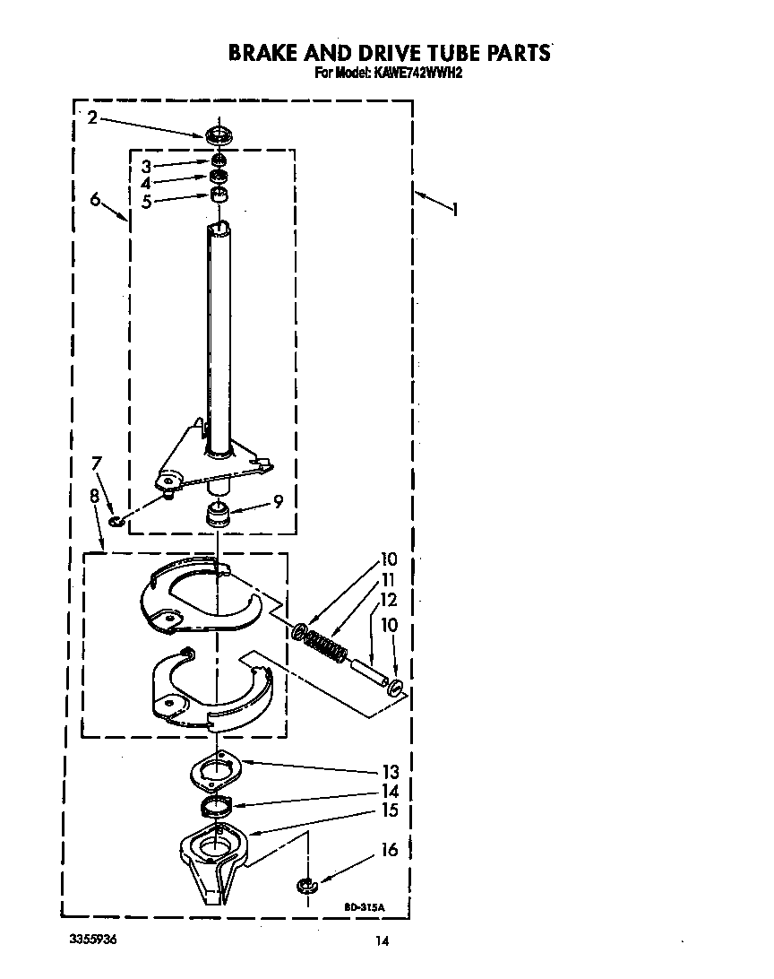 KitchenAid KAWE742WWH2 brake and drive tube diagram