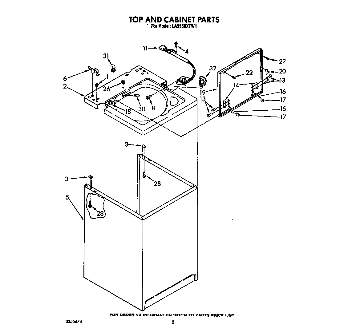 Whirlpool LA5558XTW1 top and cabinet diagram