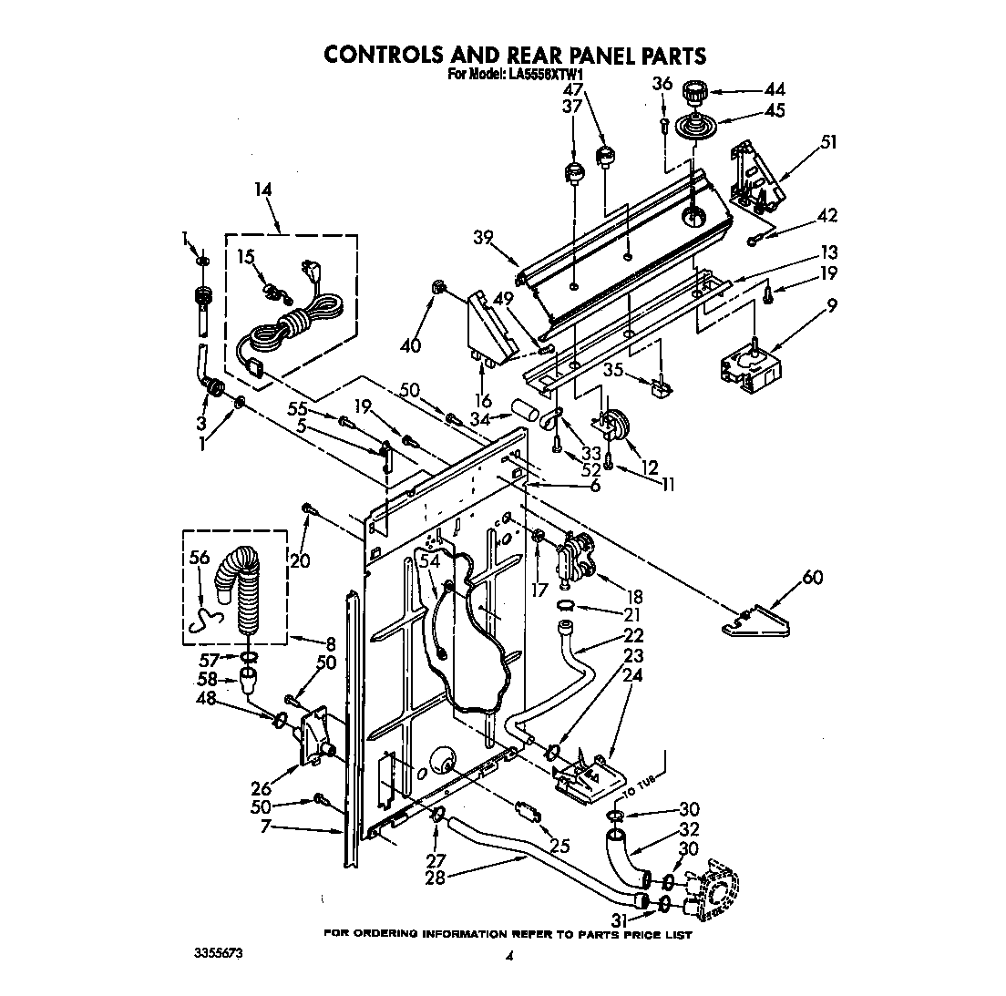 Whirlpool LA5558XTW1 controls and rear panel diagram