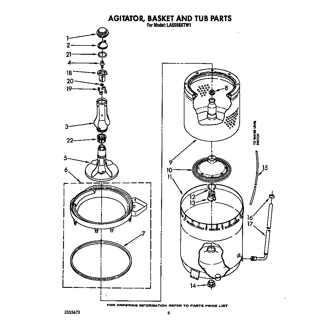 Whirlpool LA5558XTW1 agitator, basket and tub diagram