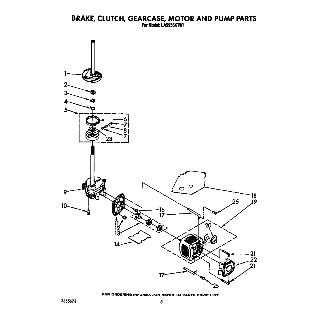 Whirlpool LA5558XTW1 brake, clutch, gearcase, motor and pump diagram