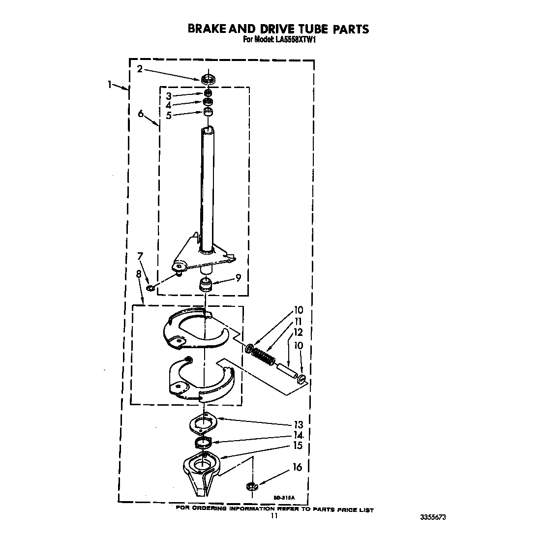 Whirlpool LA5558XTW1 brake and drive tube diagram