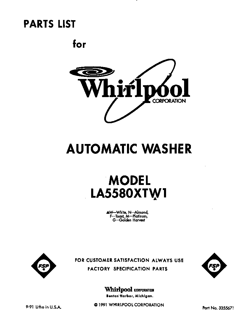 Whirlpool LA5580XTW1 front cover diagram