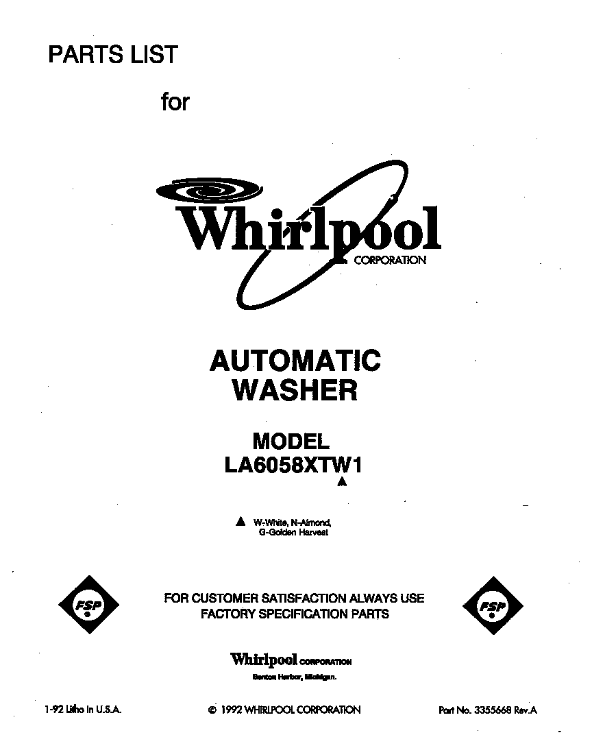 Whirlpool LA6058XTW1 front cover diagram