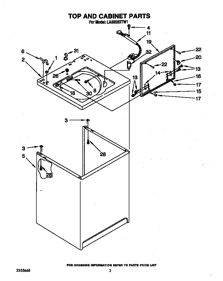 Whirlpool LA6058XTW1 top and cabinet diagram